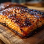 Close-up of a perfectly cooked Honey Glazed Salmon fillet with a glistening glaze and visible seasonings.