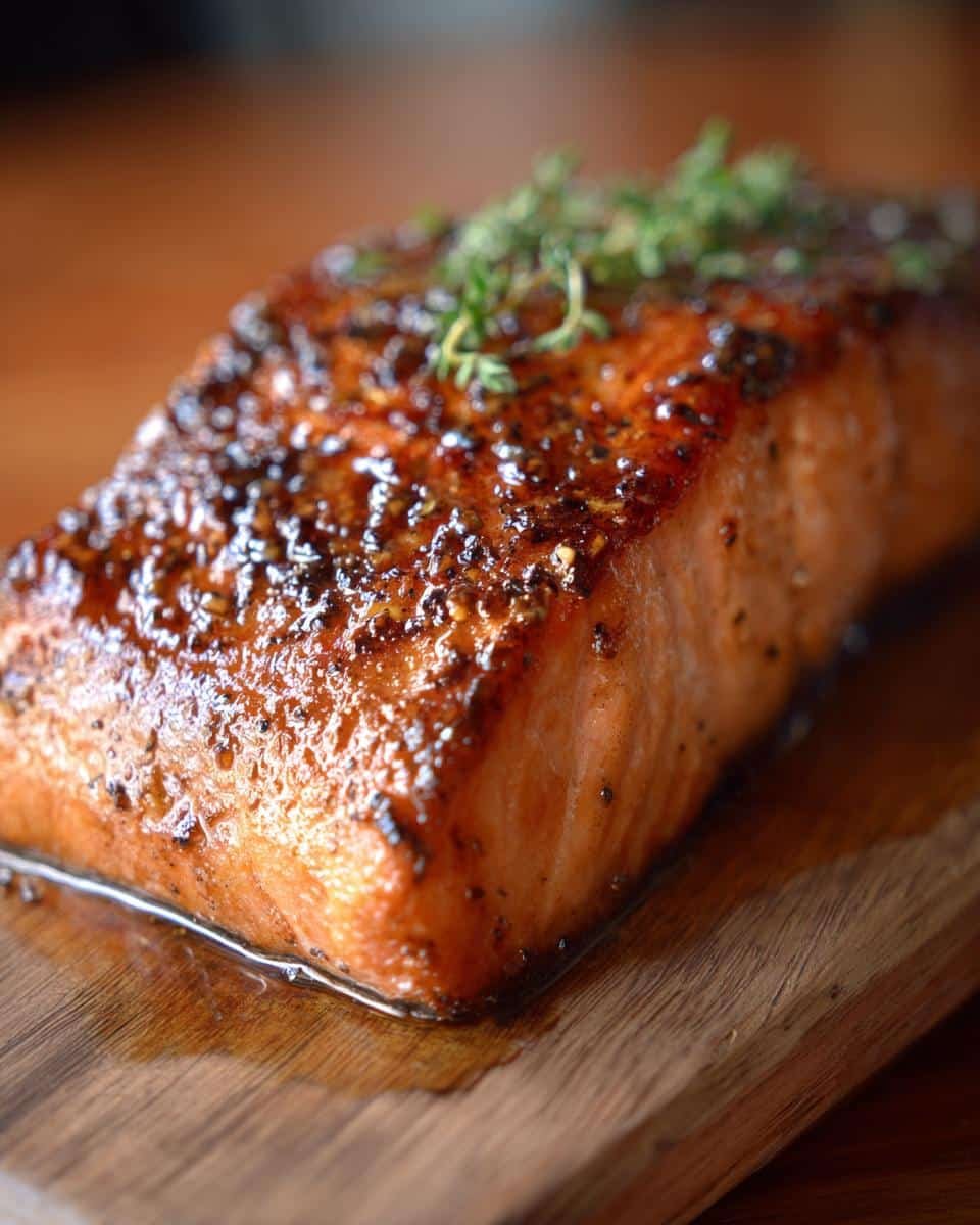 Amazing Honey Glazed Salmon in 20 Mins 8 A close-up of a perfectly cooked Honey Glazed Salmon fillet, glistening and topped with fresh herbs.