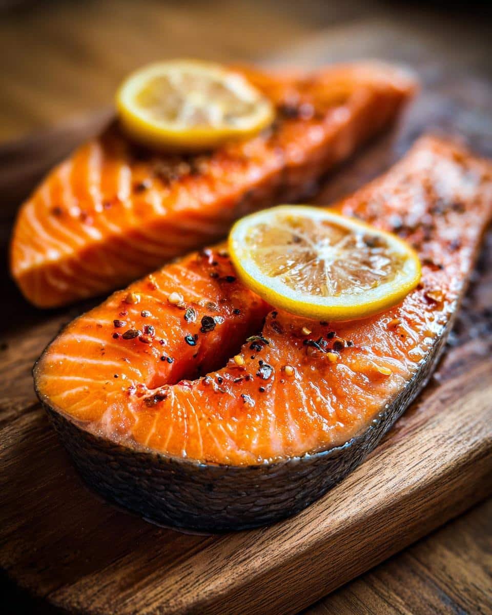 Amazing Honey Glazed Salmon in 20 Mins 9 Two thick steaks of Honey Glazed Salmon seasoned with pepper and topped with lemon slices on a wooden board.