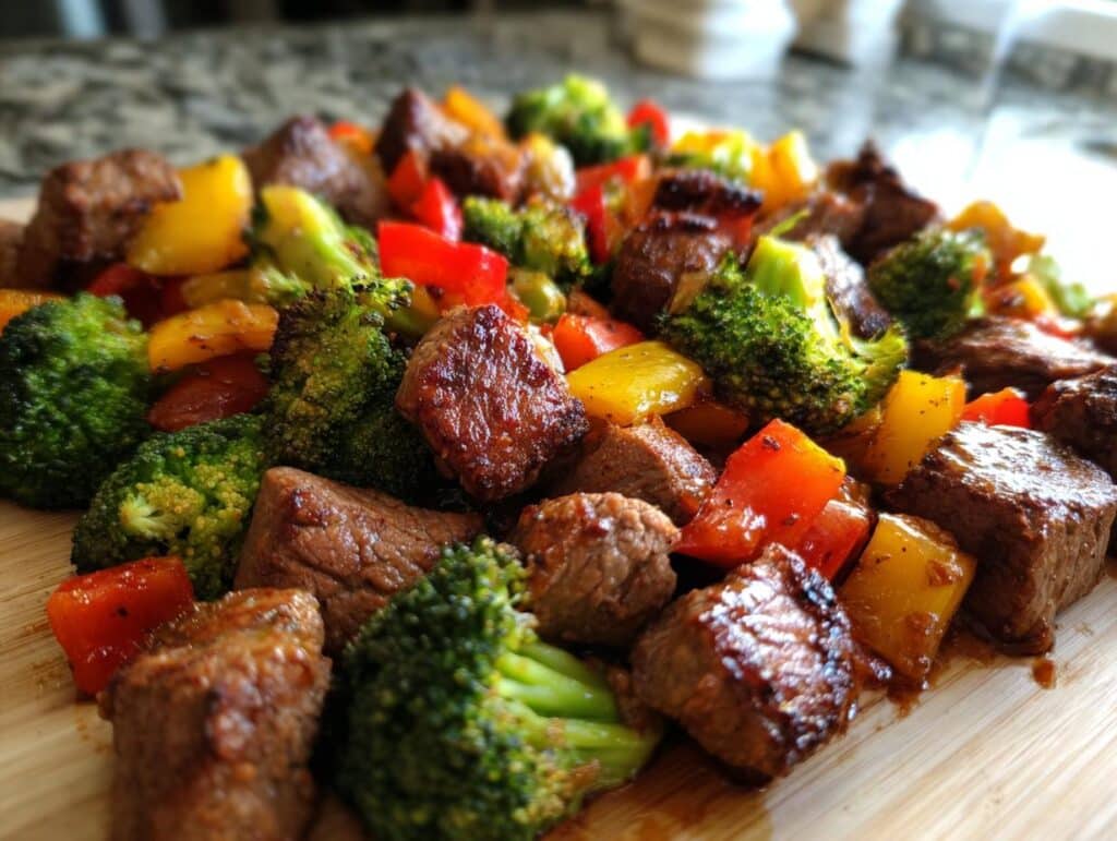A close-up shot of a Keto Steak and Veggies Sheet Pan Dinner featuring browned steak bites, broccoli florets, and colorful bell peppers on a wooden board.