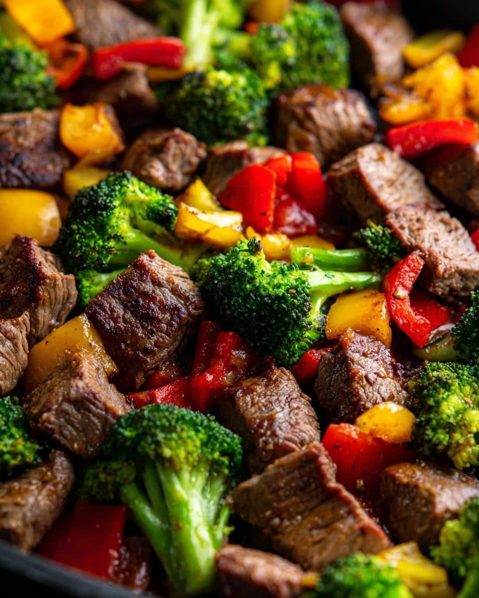 Amazing Keto Steak and Veggies 35 Min Dinner 6 A close-up view of a Keto Steak and Veggies Sheet Pan Dinner, featuring seared steak bites, broccoli florets, and colorful bell peppers.