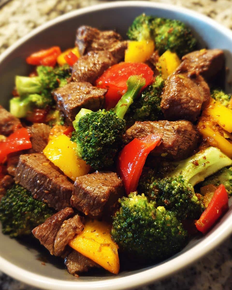 Amazing Keto Steak and Veggies 35 Min Dinner 7 A close-up of a bowl filled with Keto Steak and Veggies, featuring tender steak bites, broccoli florets, and colorful bell peppers.