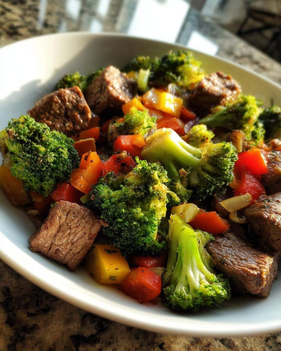 Amazing Keto Steak and Veggies 35 Min Dinner 9 A close-up of a white bowl filled with a Keto Steak and Veggies Sheet Pan Dinner, featuring tender steak bites, broccoli florets, and colorful bell peppers.