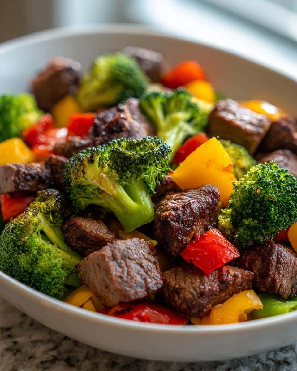 Amazing Keto Steak and Veggies 35 Min Dinner 8 Close-up of a bowl filled with tender steak bites, broccoli florets, and diced bell peppers for a Keto Steak and Veggies Sheet Pan Dinner.