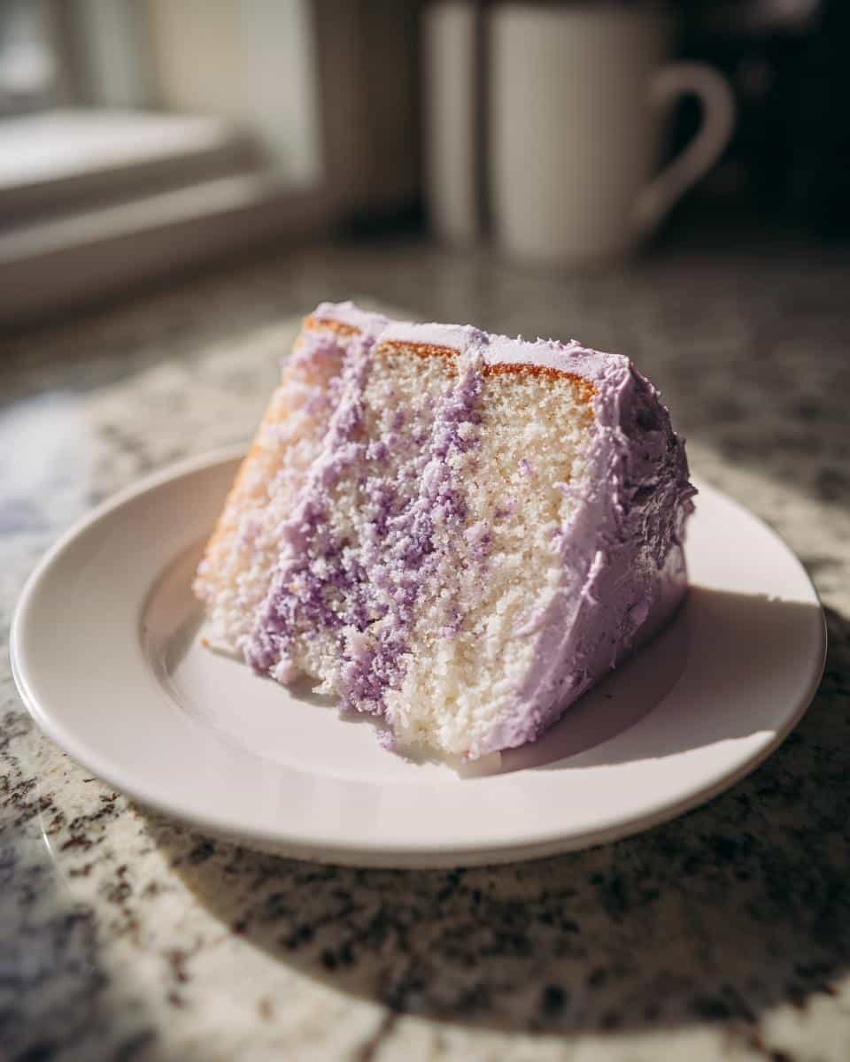 A slice of moist lavender cake with purple frosting and cake crumbles on a white plate.