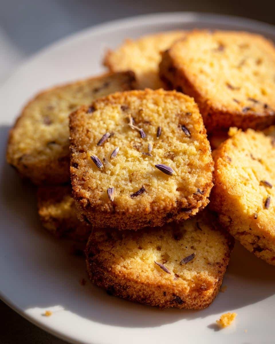 Enchanting Lavender Cookies: 1 Magical Recipe 9 Close-up of golden lavender cookies stacked on a white plate, with visible lavender buds.