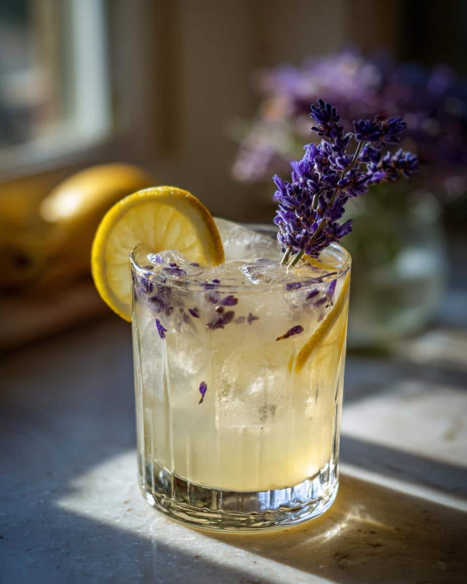 Amazing lavender lemonade: 150 calories delight 6 A refreshing glass of lavender lemonade with ice, lemon slices, and fresh lavender sprigs.