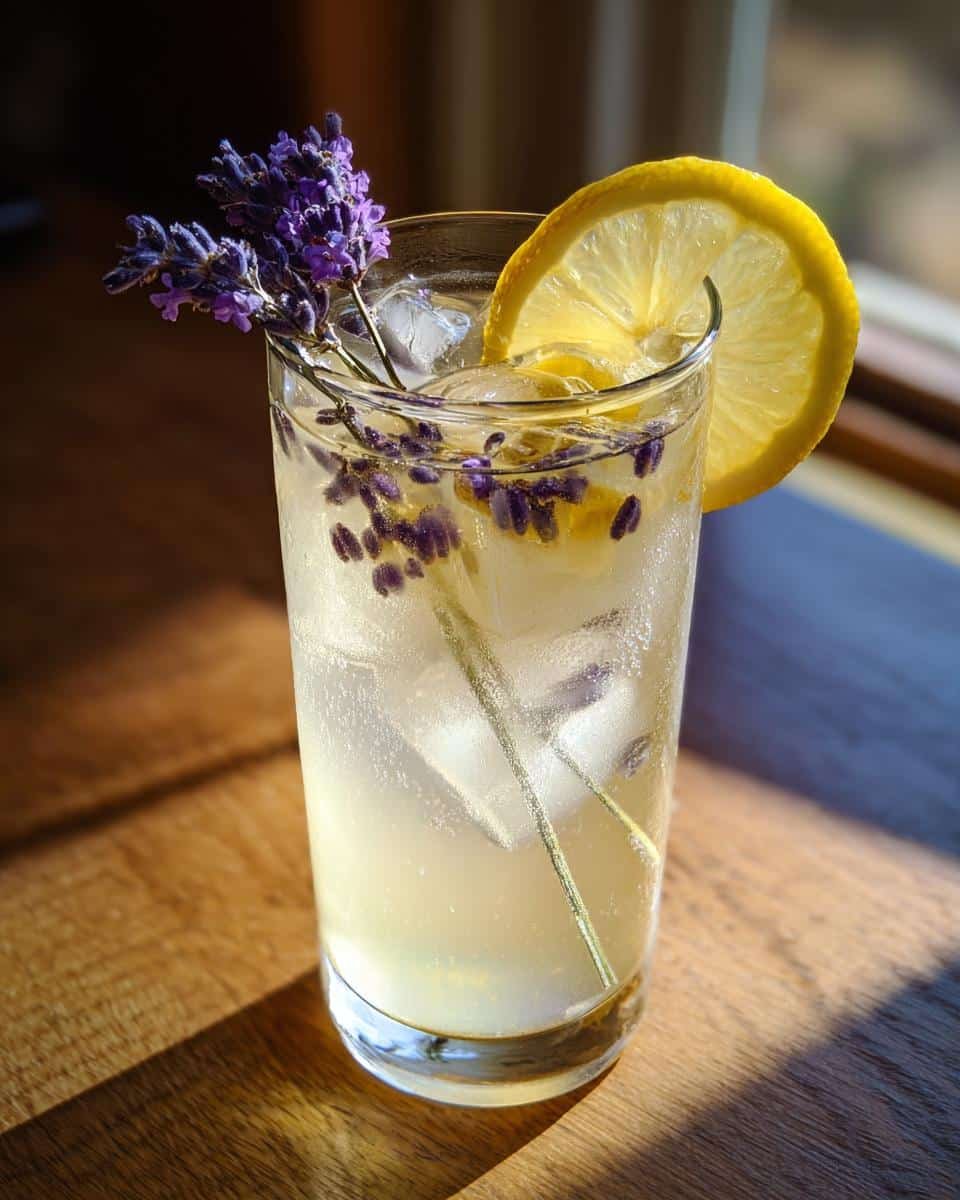 Amazing lavender lemonade: 150 calories delight 8 A tall glass of lavender lemonade with ice, a lemon slice on the rim, and fresh lavender sprigs as garnish.