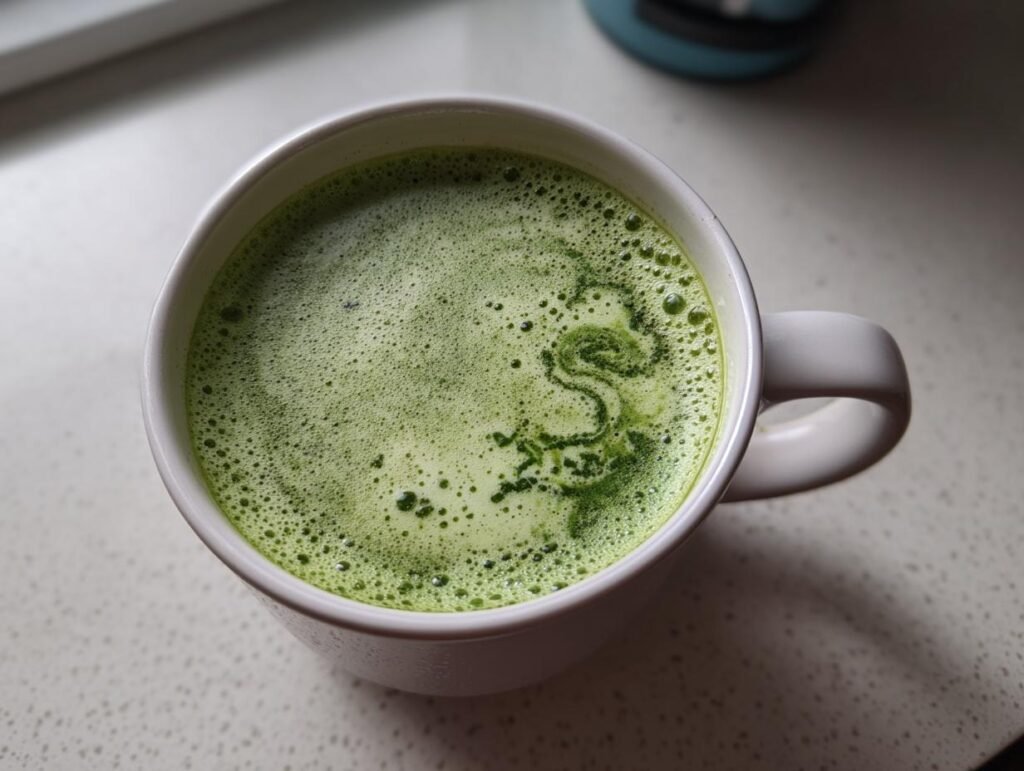 A close-up of a frothy lavender matcha in a white mug, with a swirl pattern on the foam.