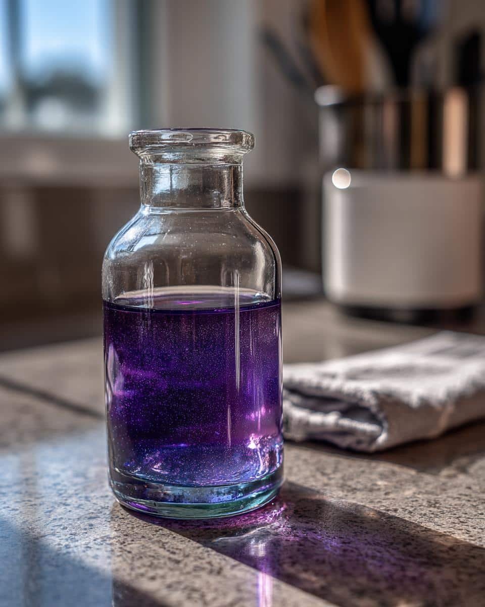 A clear glass bottle filled with shimmering purple lavender syrup, sitting on a speckled countertop.