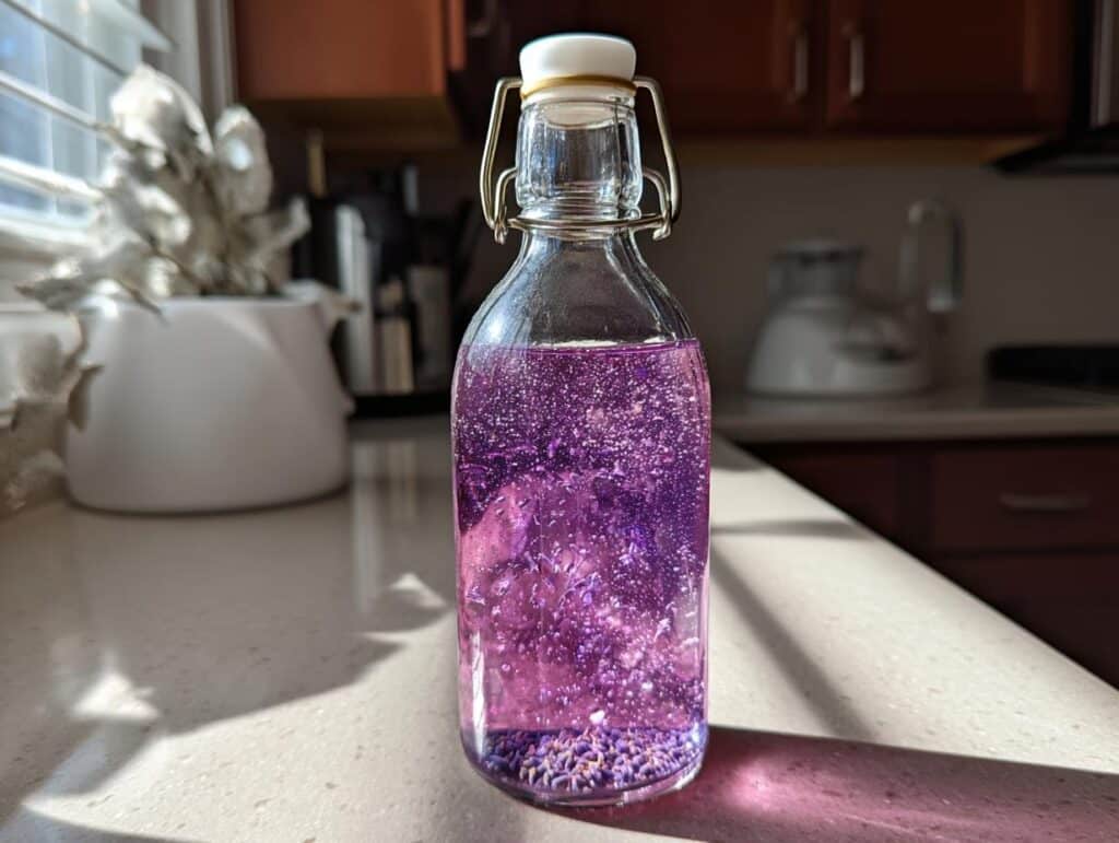 A clear glass bottle filled with vibrant purple lavender syrup and dried lavender buds at the bottom.