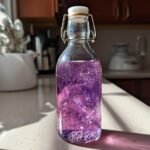 A clear glass bottle filled with vibrant purple lavender syrup and dried lavender buds at the bottom.