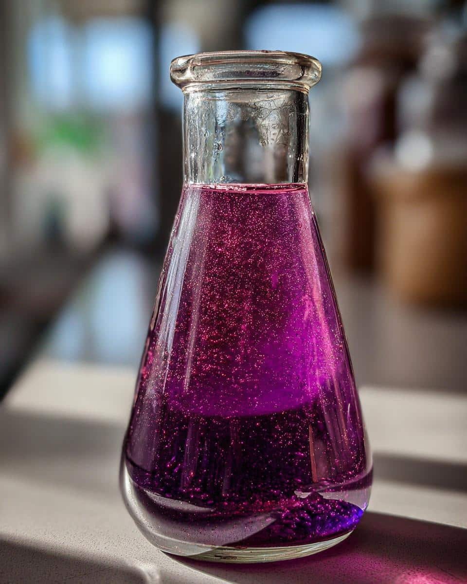 Close-up of a glass flask filled with shimmering, vibrant purple lavender syrup.