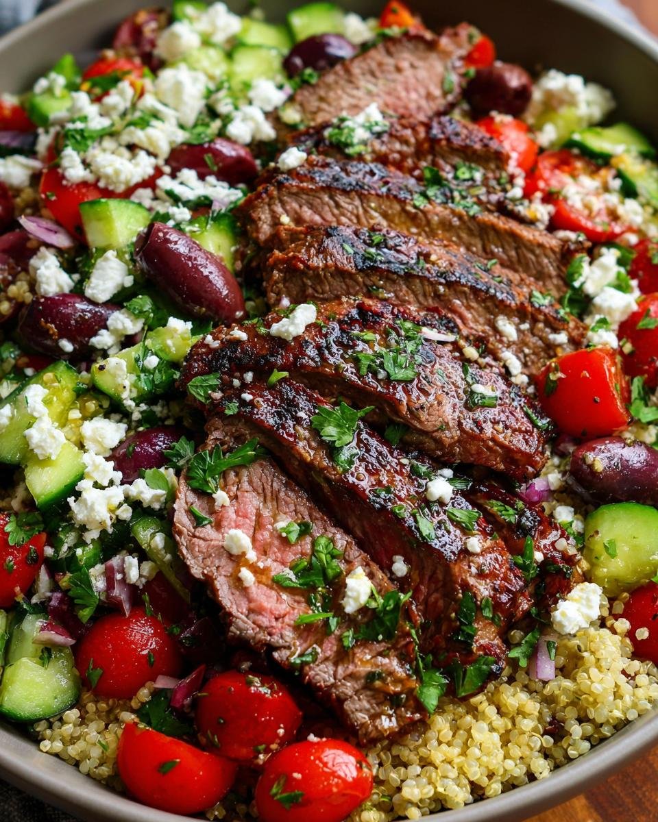 Amazing Mediterranean Steak Bowl: 10 Minutes 7 Close-up of a Mediterranean Steak Bowl featuring sliced grilled steak over quinoa, with tomatoes, cucumbers, olives, and feta cheese.