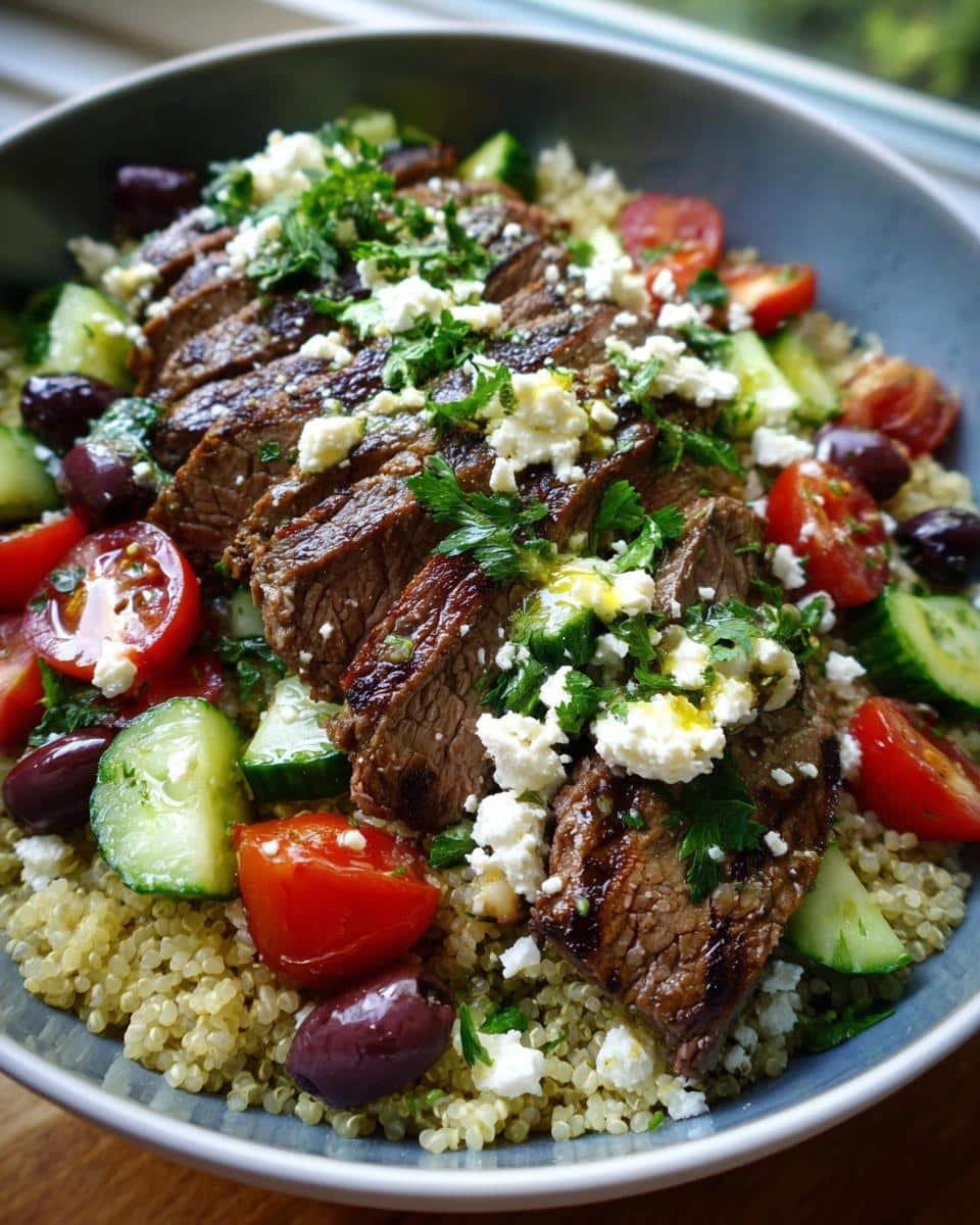 Amazing Mediterranean Steak Bowl: 10 Minutes 6 A vibrant Mediterranean Steak Bowl featuring sliced grilled steak over quinoa, with tomatoes, cucumbers, olives, feta cheese, and parsley.