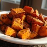 A close-up of a white plate filled with golden brown roasted sweet potato cubes, seasoned with herbs.