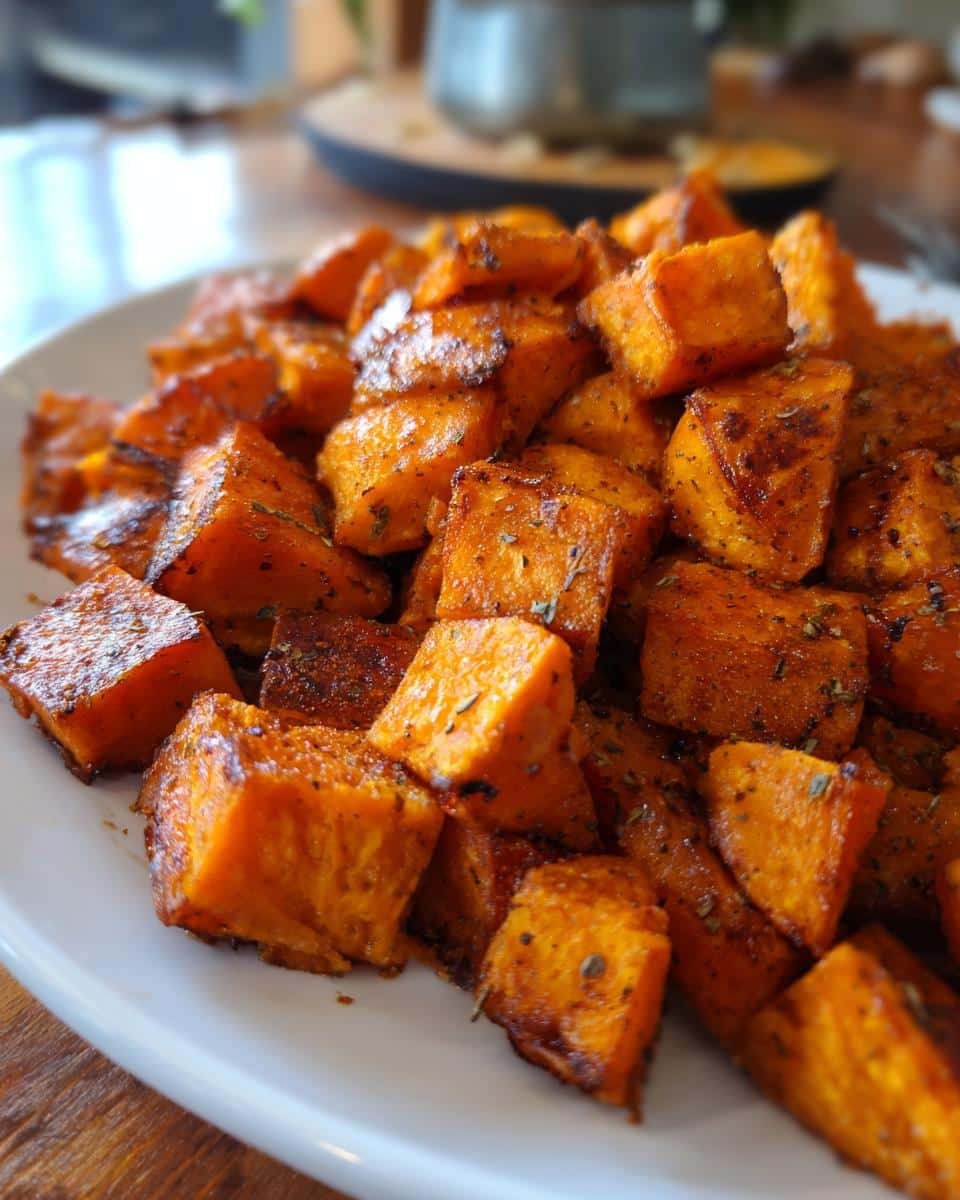 Close-up of a white plate filled with perfectly roasted sweet potato cubes seasoned with herbs.