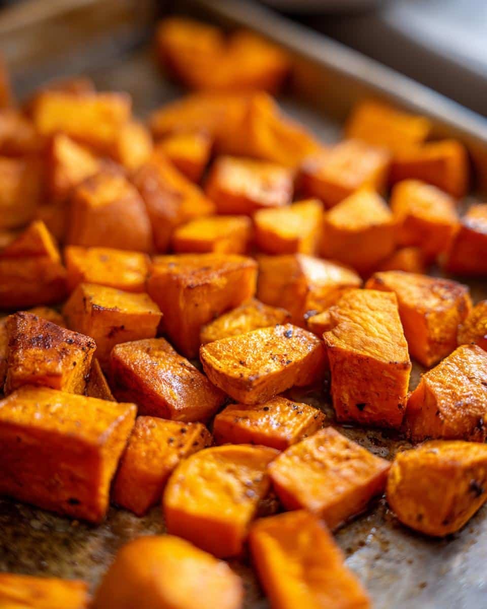 Close-up of perfectly roasted sweet potato cubes, seasoned and slightly caramelized, ready for serving.