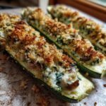 Close-up of baked Spinach Mushroom Ricotta Stuffed Zucchini halves with a golden breadcrumb topping.