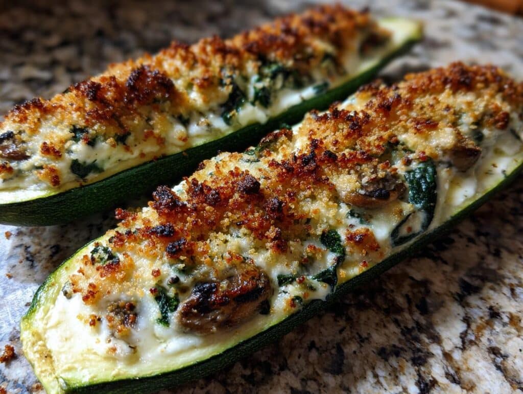 Close-up of two halves of Spinach Mushroom Ricotta Stuffed Zucchini, baked with a golden breadcrumb topping.