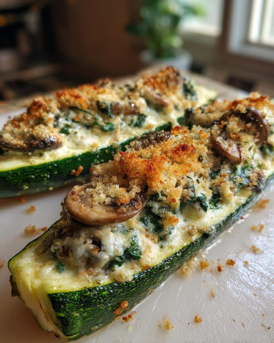 Amazing Spinach Mushroom Ricotta Stuffed Zucchini 6 Close-up of two halves of Spinach Mushroom Ricotta Stuffed Zucchini, baked with a golden breadcrumb topping and melted cheese.