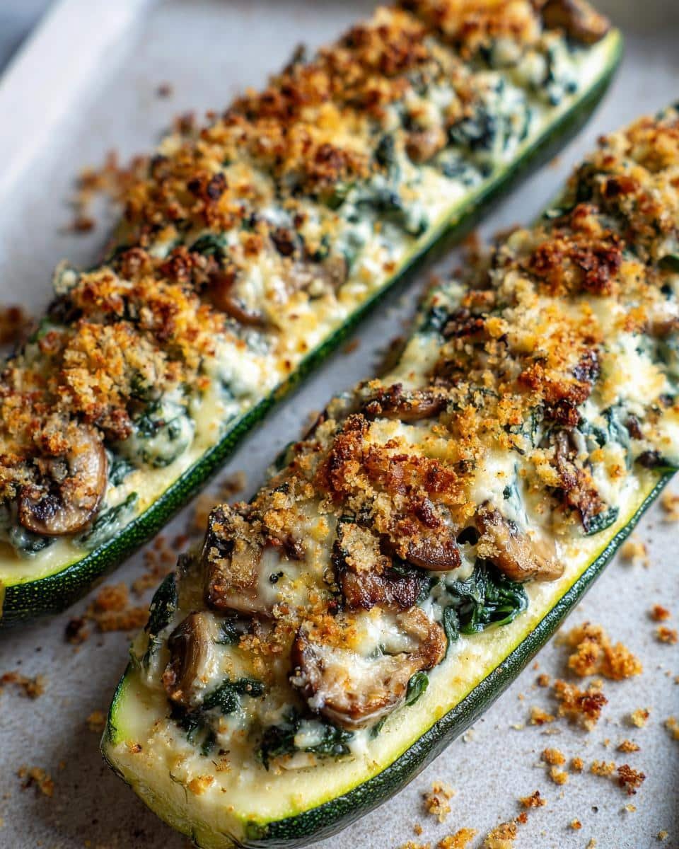 Amazing Spinach Mushroom Ricotta Stuffed Zucchini 7 Close-up of two baked Spinach Mushroom Ricotta Stuffed Zucchini halves on a baking sheet, topped with golden breadcrumbs.