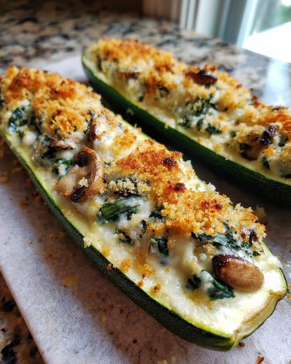 Amazing Spinach Mushroom Ricotta Stuffed Zucchini 8 Close-up of two halves of Spinach Mushroom Ricotta Stuffed Zucchini, baked with a golden breadcrumb topping.