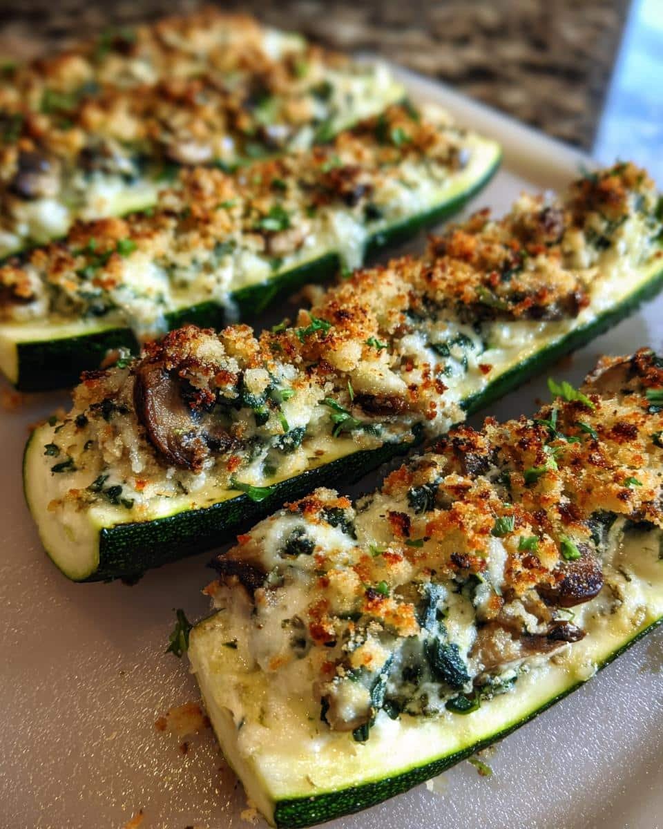 Amazing Spinach Mushroom Ricotta Stuffed Zucchini 9 Close-up of baked Spinach Mushroom Ricotta Stuffed Zucchini halves, topped with golden breadcrumbs and herbs.