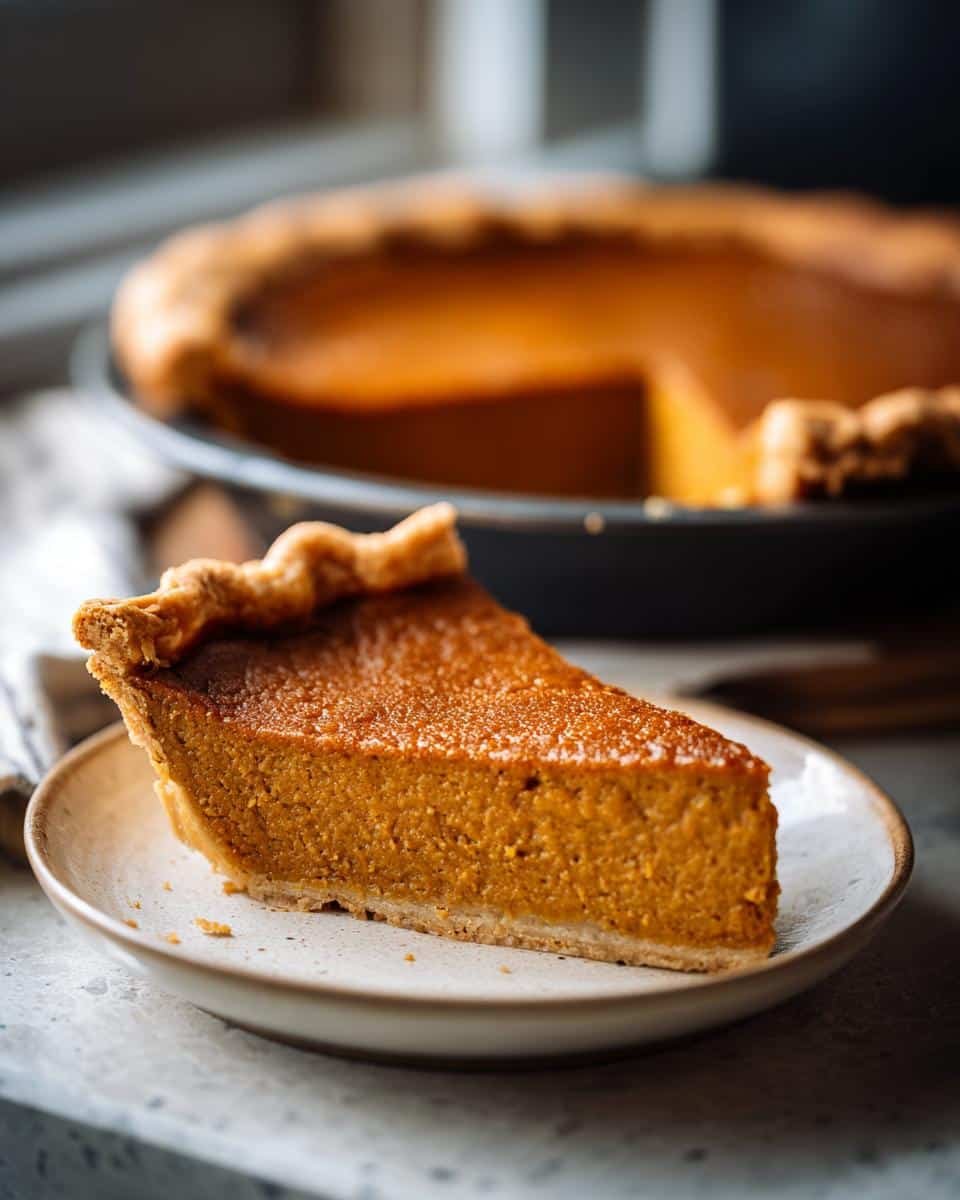 A perfect slice of sweet potato pie on a plate, with the rest of the pie in the background.