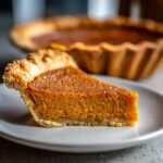A close-up of a perfect slice of sweet potato pie on a plate, with the rest of the pie in the background.