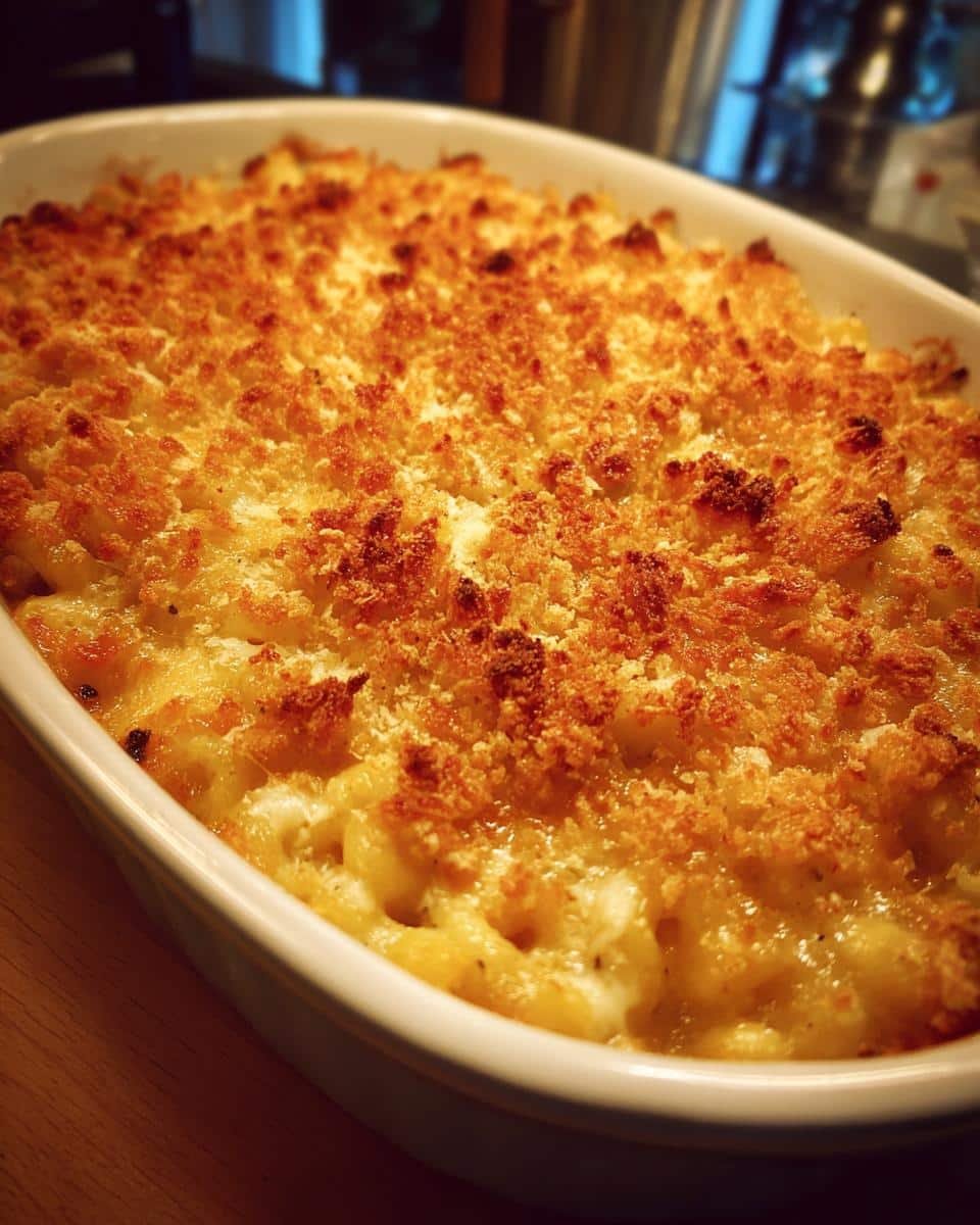 Close-up of a golden-brown baked tuna casserole with a crispy breadcrumb topping in a white oval dish.