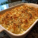 Close-up of a freshly baked tuna casserole in a white dish, featuring a golden-brown crispy breadcrumb topping and flecks of herbs.