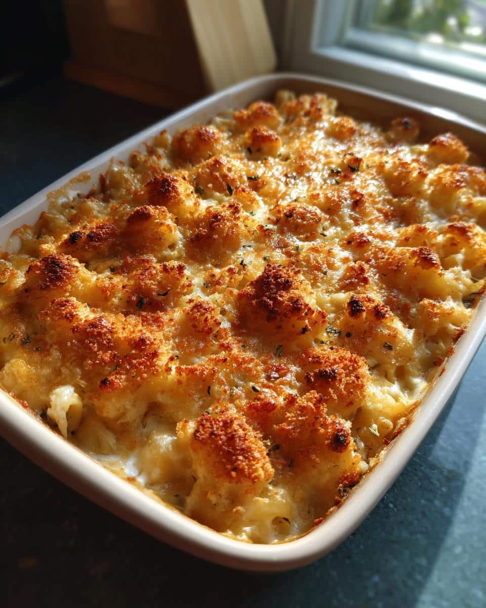 Close-up of a golden-brown baked tuna casserole with a crispy breadcrumb topping, bubbling in a ceramic dish.