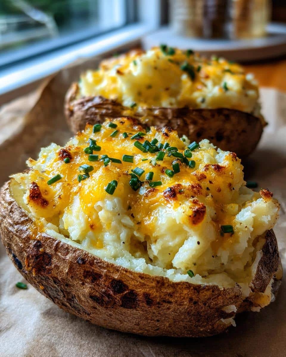 Amazing Twice Baked Potato Casserole Recipe 7 Close-up of two twice baked potato casserole halves, topped with melted cheddar cheese and chives.
