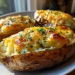 Three twice baked potato casserole halves topped with melted cheddar cheese and fresh chives.