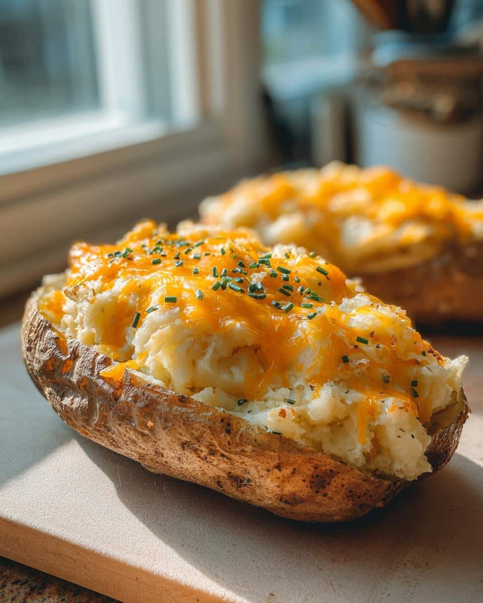 Amazing Twice Baked Potato Casserole Recipe 9 A close-up of a twice baked potato casserole, topped with melted cheddar cheese and chives.