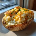 A golden-brown twice baked potato casserole, topped with melted cheese and fresh chives.