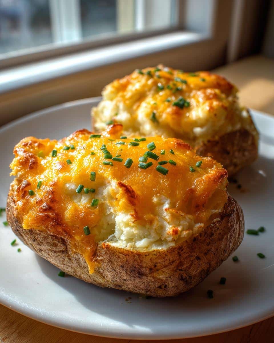 Amazing Twice Baked Potato Casserole Recipe 8 Two twice baked potato casserole halves on a white plate, topped with melted cheese and chives.