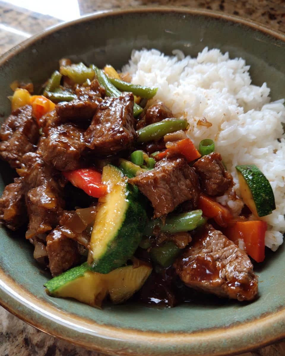 Ultimate Steak Bowl: 40 Minute Flavor Bomb 8 A close-up of the Ultimate Steak Bowl, featuring tender steak pieces, colorful vegetables like zucchini and bell peppers, and fluffy white rice.