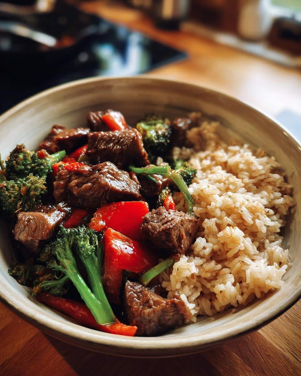 Ultimate Steak Bowl: 40 Minute Flavor Bomb 6 A close-up of the Ultimate Steak Bowl, featuring tender steak pieces, broccoli florets, red bell peppers, and brown rice.