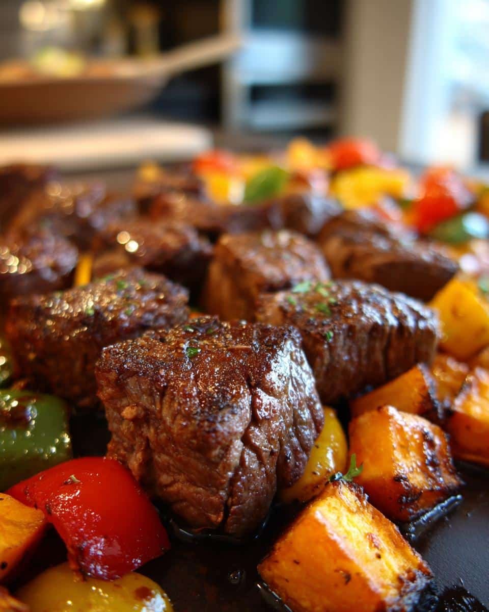 Close-up of juicy Whole30 Steak Bites with roasted sweet potatoes and colorful bell peppers.