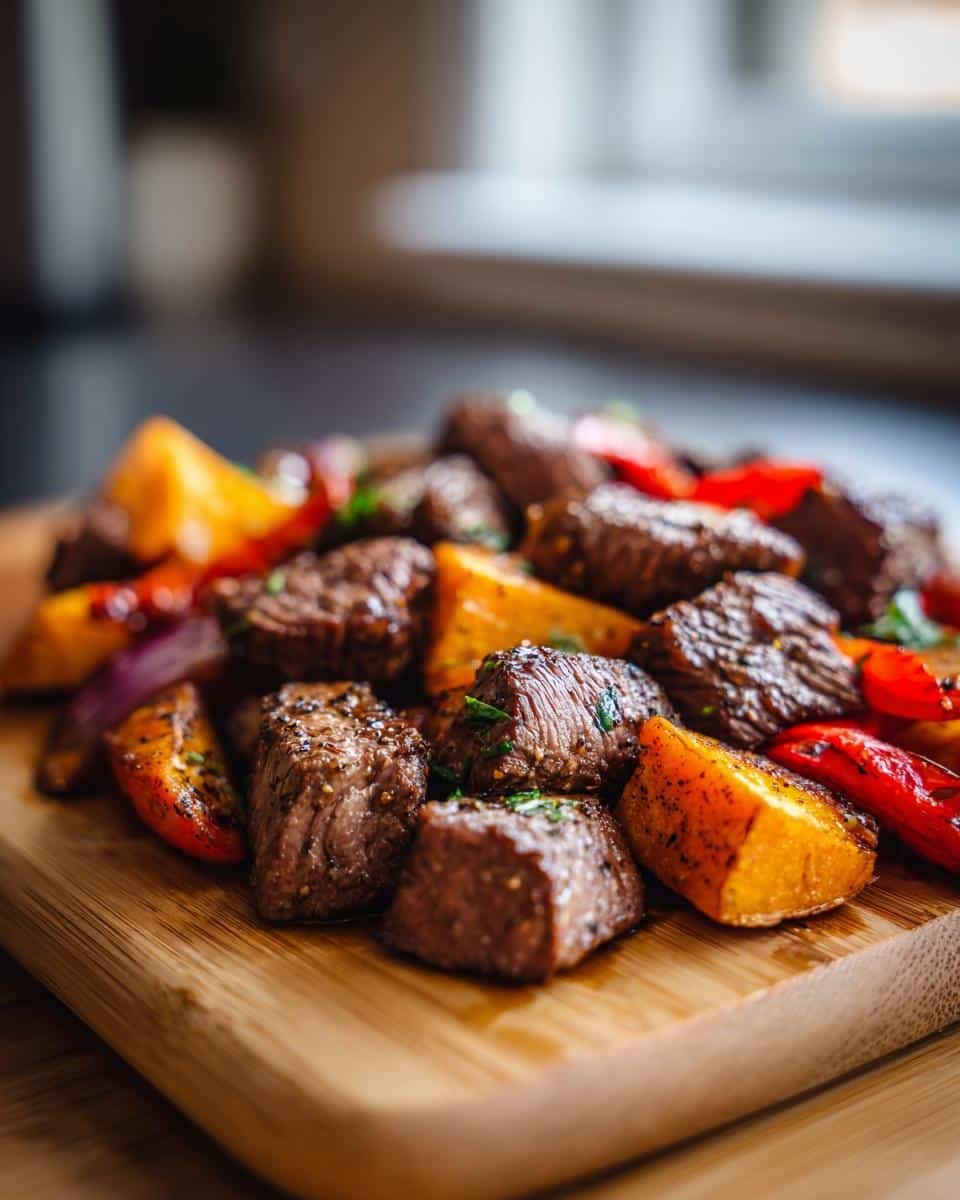 A close-up shot of Whole30 steak bites mixed with roasted sweet potatoes and red peppers on a wooden board.