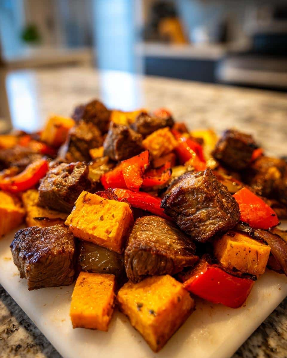 A close-up of Whole30 steak bites mixed with roasted sweet potatoes and red bell peppers on a white cutting board.