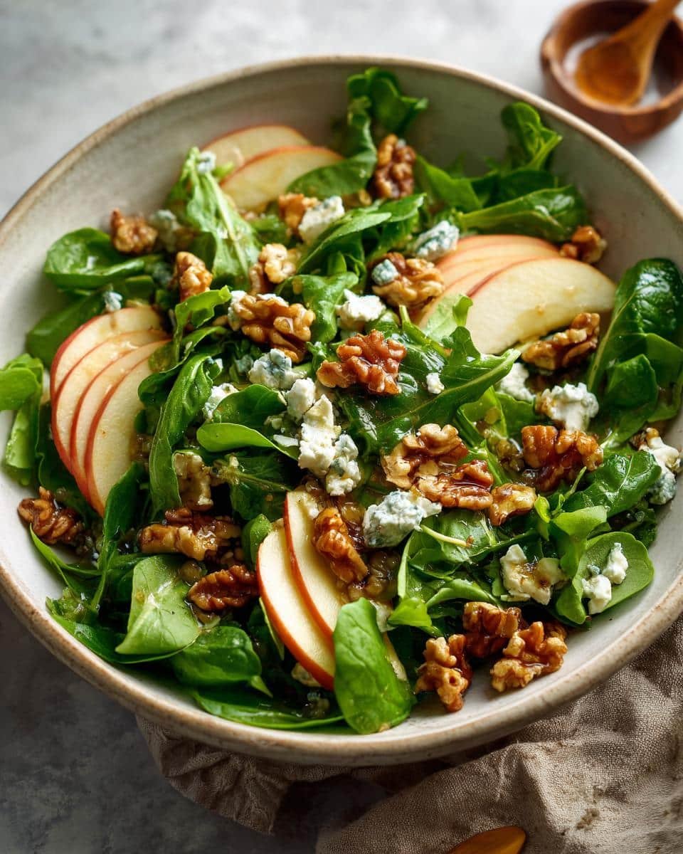 Irresistible Apple Arugula Salad in 15 Minutes 9 Bowl of Apple Arugula Salad featuring fresh arugula, apple slices, walnuts, and blue cheese.