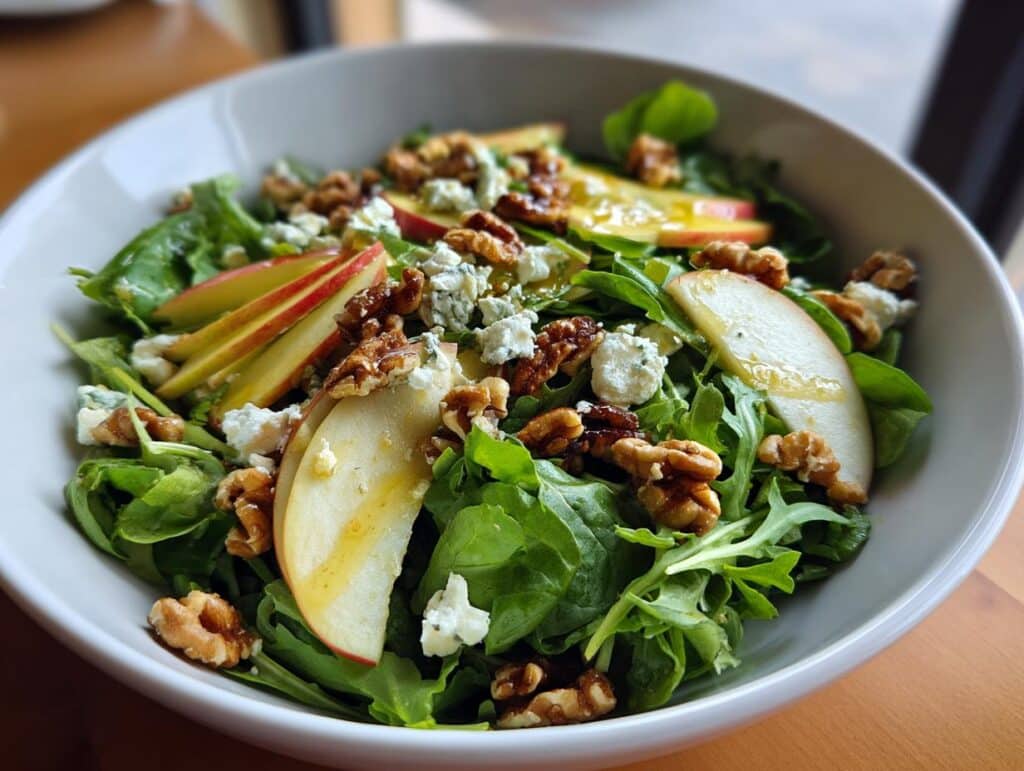 Bowl of Apple Arugula Salad with sliced apples, walnuts, and crumbled cheese.