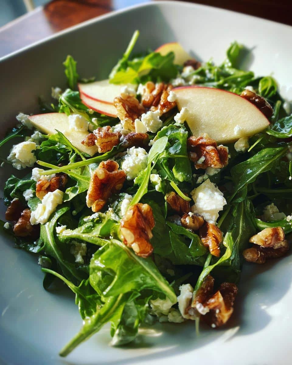 Irresistible Apple Arugula Salad in 15 Minutes 6 A vibrant Apple Arugula Salad with sliced apples, walnuts, and crumbled cheese in a white bowl.