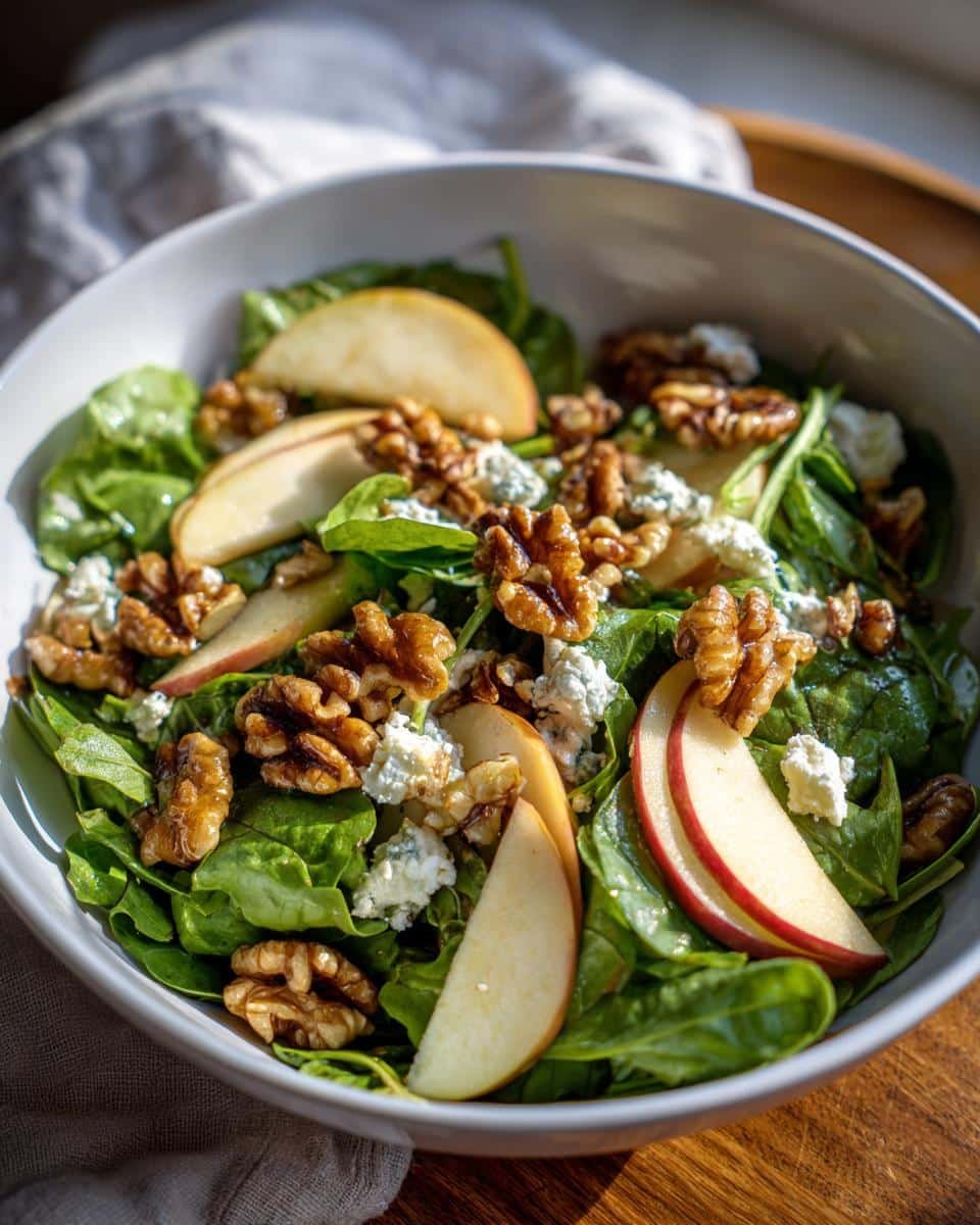 Irresistible Apple Arugula Salad in 15 Minutes 7 Bowl of Apple Arugula Salad featuring fresh arugula, apple slices, walnuts, and crumbled cheese.