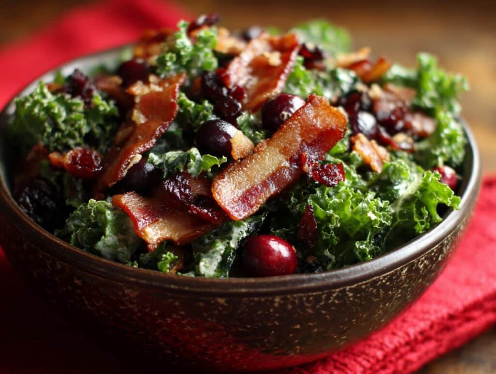 Close-up of a vibrant Apple Cranberry Bacon Kale Salad in a brown bowl on a red cloth.