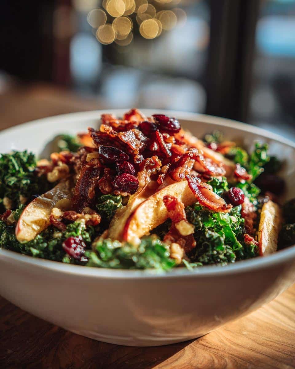 Unbelievable Apple Cranberry Bacon Kale Salad in 5 Mins 9 Close-up of a vibrant Apple Cranberry Bacon Kale Salad in a white bowl, featuring apples, cranberries, and crispy bacon.