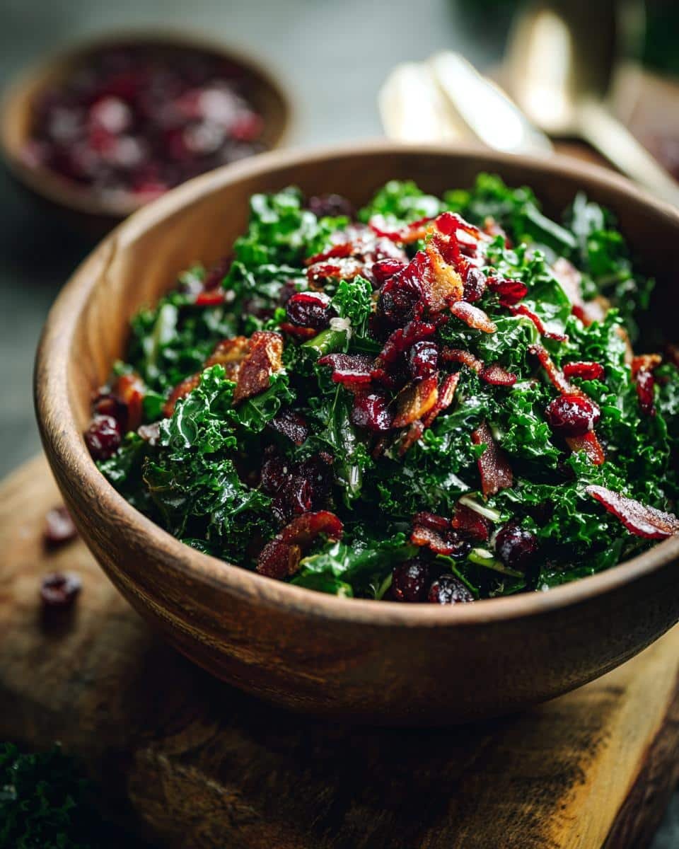 Unbelievable Apple Cranberry Bacon Kale Salad in 5 Mins 8 Close-up of Apple Cranberry Bacon Kale Salad in a wooden bowl, showcasing the vibrant ingredients.